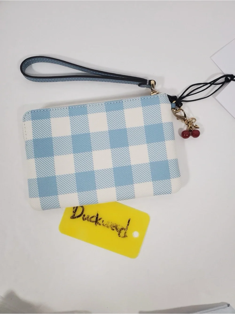 Coach Blue Gingham Wristlet Pouch with Cherry charm NWT